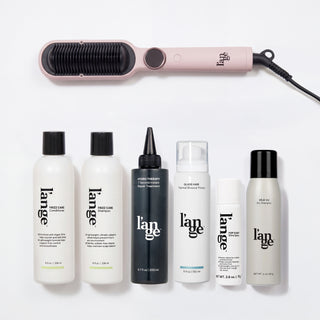 L'ange blush straightening brush with Frizz Care Conditioner, Frizz Care Shampoo, Hydro Therapy 7 Second Instant Repair Treatment, Glass Hair Thermal Blowout Primer, Top Coat Shine Spray, and Déjà Vu Dry Shampoo