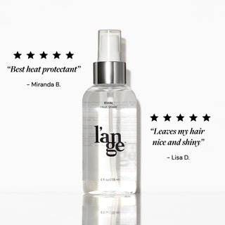 L’ange Rival Heat Shield spray bottle with five-star reviews praising it as the "best heat protectant" and for leaving hair "nice and shiny," endorsed by users Miranda B. and Lisa D.