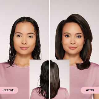 Before and after image of a woman showing transformation from wet, flat hair to voluminous, smooth, and styled dark hair.