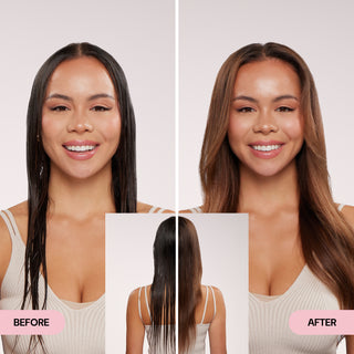 Before and after image of a smiling woman showing transformation from wet, dark hair to smooth, styled, and glossy brown hair.