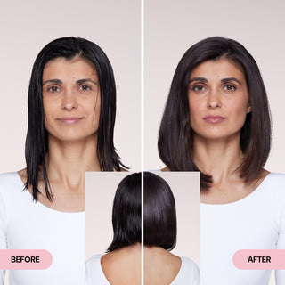 Before and after image of a woman showing transformation from damp, uneven hair to sleek, smooth, and styled dark hair.