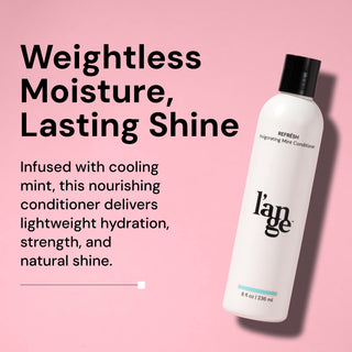 Refresh claim image on benefits and results with bottle of Refresh against a blush background.