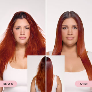 Before and after images showing a woman with frizzy red hair transformed into smooth, sleek straight hair.