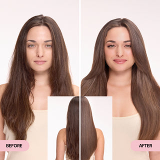 Before and after images showing a woman with slightly frizzy hair transformed into sleek, voluminous, and shiny hair.