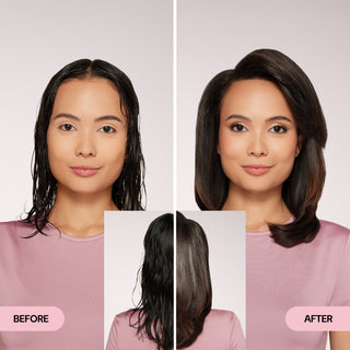 Before and after image of a woman with wet, flat hair transformed into smooth, voluminous, and styled dark hair.