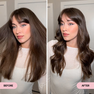 Side-by-side comparison of a woman with thick, straight brown hair in the "Before" image and soft, defined curls with added shine in the "After" image. The transformation showcases enhanced movement, texture, and a polished finish with face-framing waves.
