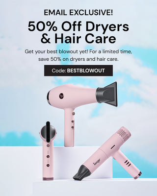 Three blush blow dryers in different angles on top of two separate white props to announce a 50% off dryers and hair care promotion. A sky blue background with clouds highlights the display of the collection.