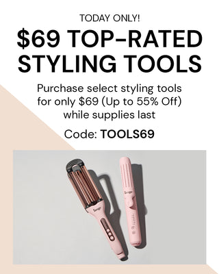 Promotion for top-rated styling tools available for $69, highlighting a limited-time offer with the code TOOLS69, featuring two pink styling devices.