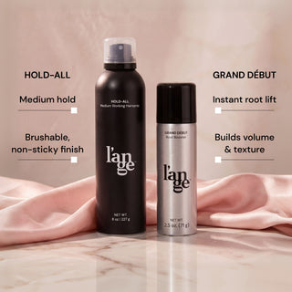Benefits Image. Text reads for each product "Hold-All. Medium hold & Brushable, non sticky finish" & "Grand Debut. Instant root lift & Builds volume & texture"