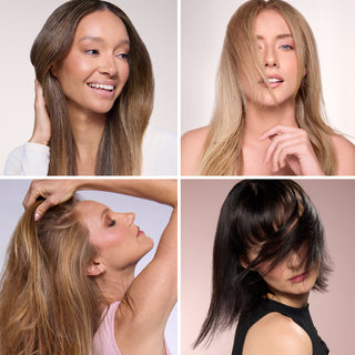 Collage of four women with different hair types and colors, showcasing smooth, styled hair.