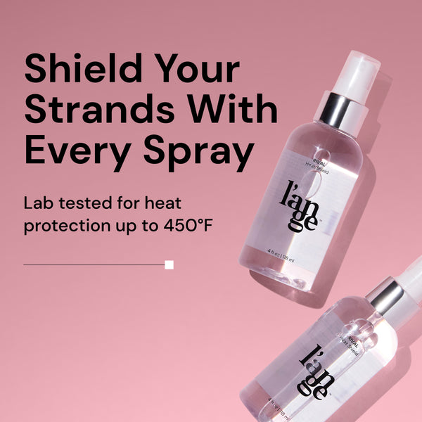 Informational image. Text reads "Shield Your Strands With Every Spray. Lab tested for heat protection up to 450 degrees Fahrenheit"