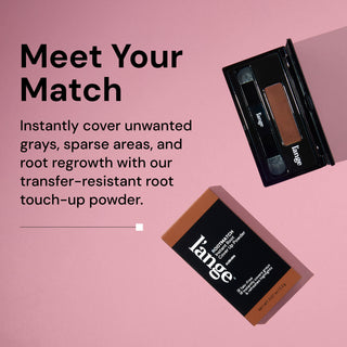 Informational image. Text reads: "Meet Your Match. Instantly cover unwanted grays, sparse areas, and root regrowth with our transfer-resistant root touch-up powder"