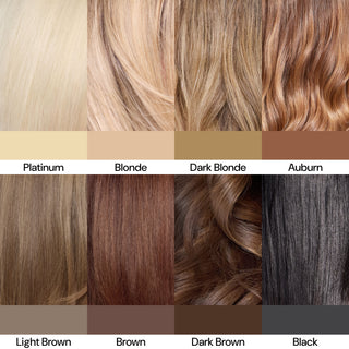 Platinum, Blonde, Dark Blonde, Auburn, Light brown, Brown, Dark Brown, Black hair