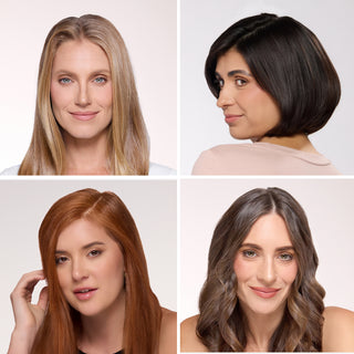 Four-panel collage of models with different hair color coverage (blonde, dark brunette bob, auburn red, and light brown) on a white background
