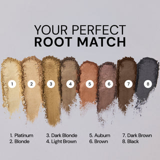 Benefits image. Text reads "YOUR PERFECT ROOT MATCH. 1. Platinum 2. Blonde 3. Dark Blonde 4. Light Brown 5. Auburn 6. Brown 7. Dark Brown 8. Black."