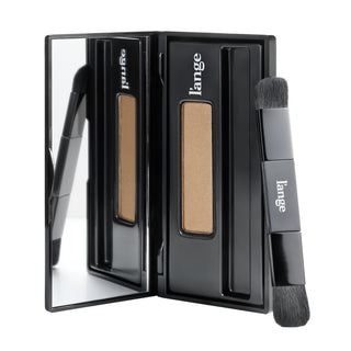L'ange RootMatch root touch-up powder compact in blonde, open with mirror and dual-ended brush, on white background