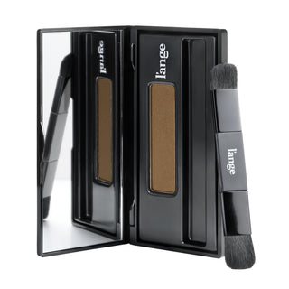L'ange RootMatch root touch-up powder compact in Dark Blonde, open with mirror and dual-ended brush, on white background