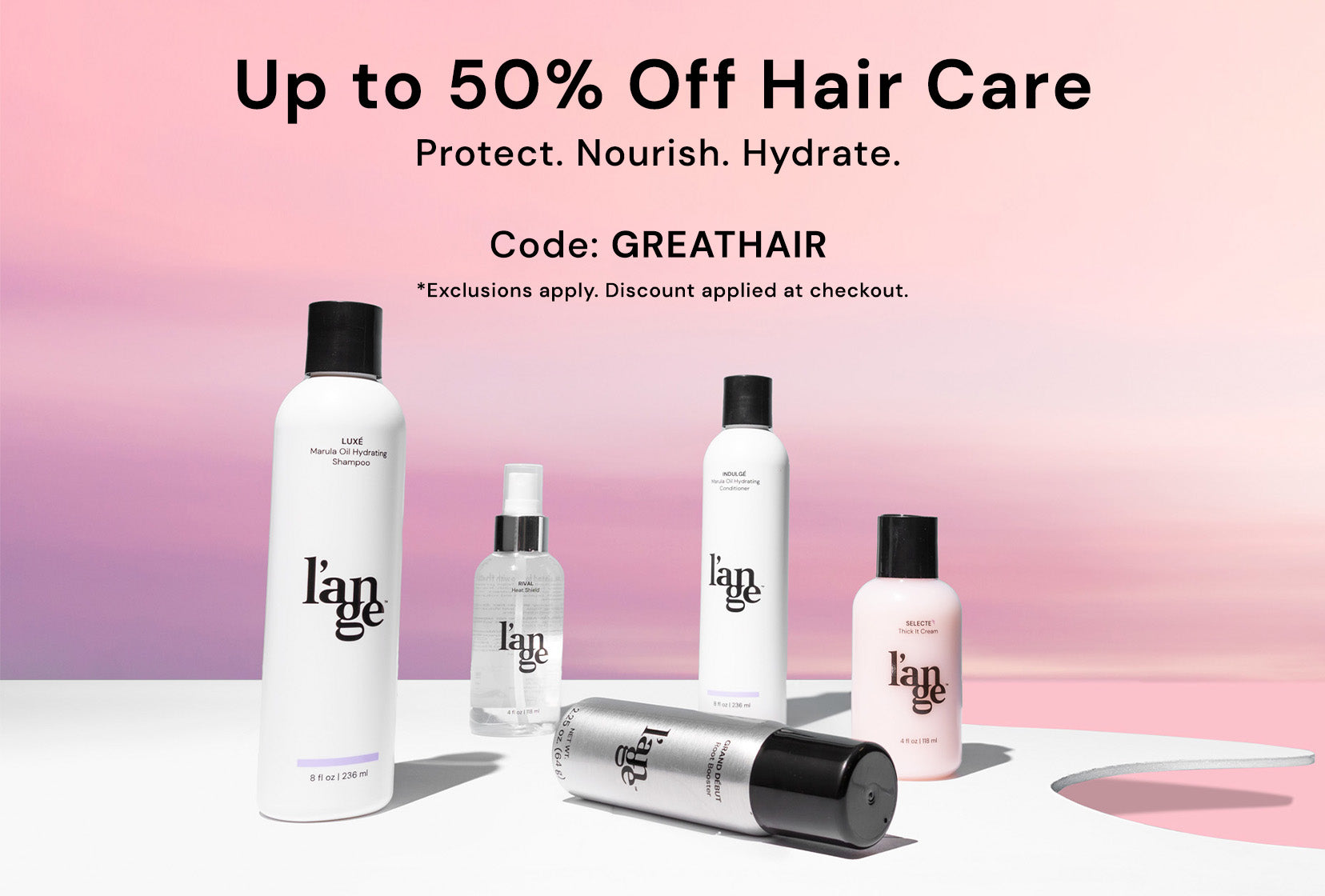 Promotional display for hair care products with a pink gradient background, highlighting a discount of up to 50% using the code "GREATHAIR".