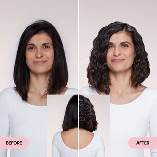 A woman with shoulder-length straight dark hair is shown in a 'Before' image on the left. On the right, the 'After' image displays her hair with voluminous, defined waves. An inset below provides a back view comparison.
