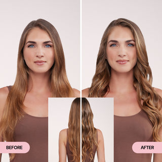 Side-by-side 'Before' and 'After' images of a smiling woman with long brunette hair. The left shows her natural, relaxed waves, while the right reveals more defined, beachy waves. A back view inset at the center highlights the transformation.