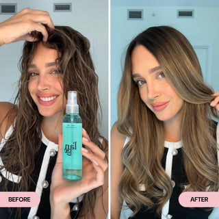 Side-by-side comparison of a woman with damp, textured hair holding a bottle of L’ange Salt + Séa spray in the "Before" image and smooth, voluminous waves in the "After" image. The transformation highlights enhanced shine, softness, and a polished finish with light definition.