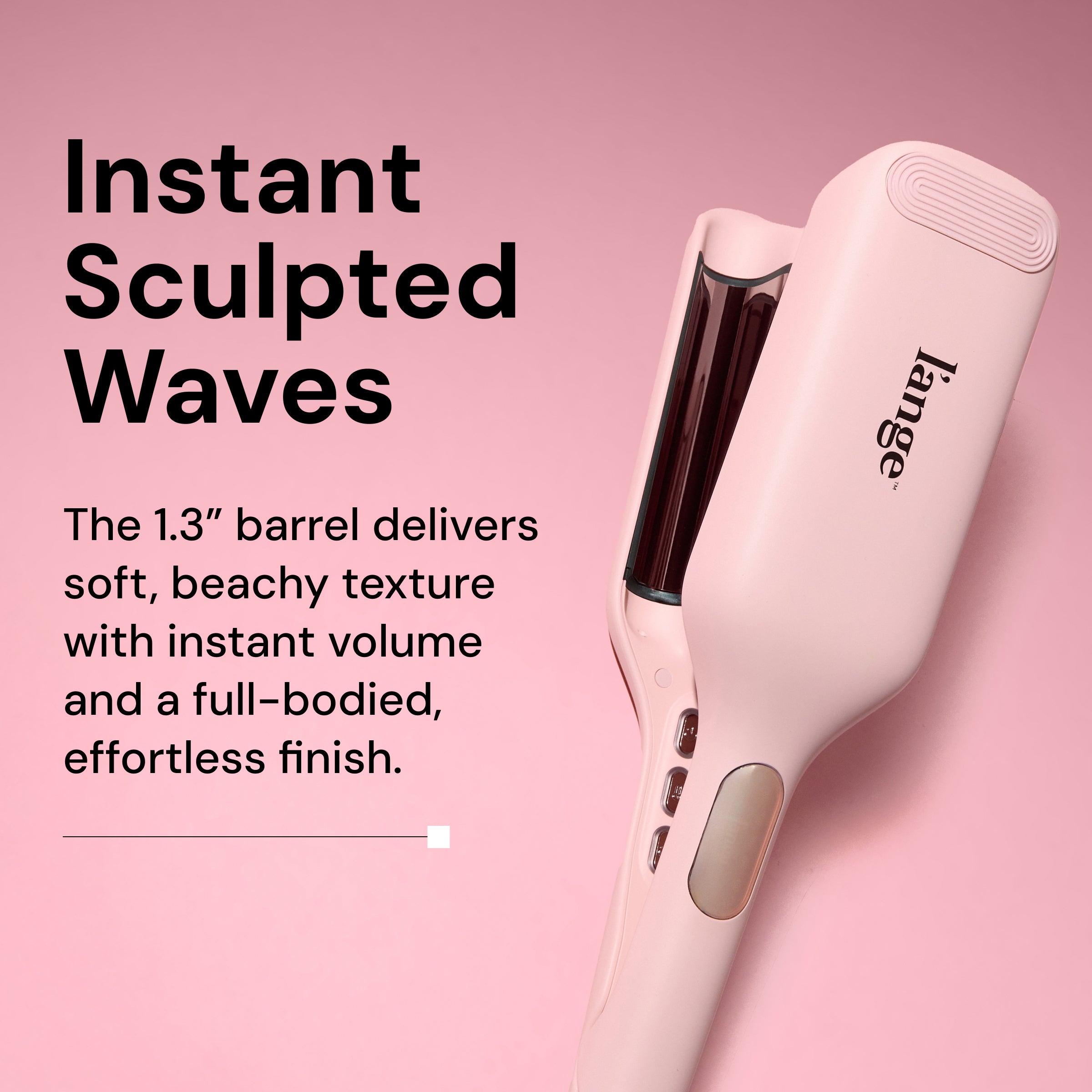 Informational image for SculptWaver. Text reads: "Instant Sculpted Waves. The 1.3” barrel delivers soft, beachy texture with instant volume and a full-bodied, effortless finish"
