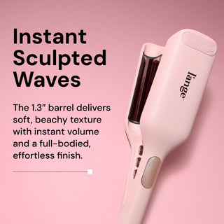 Informational image for SculptWaver. Text reads: "Instant Sculpted Waves. The 1.3” barrel delivers soft, beachy texture with instant volume and a full-bodied, effortless finish"