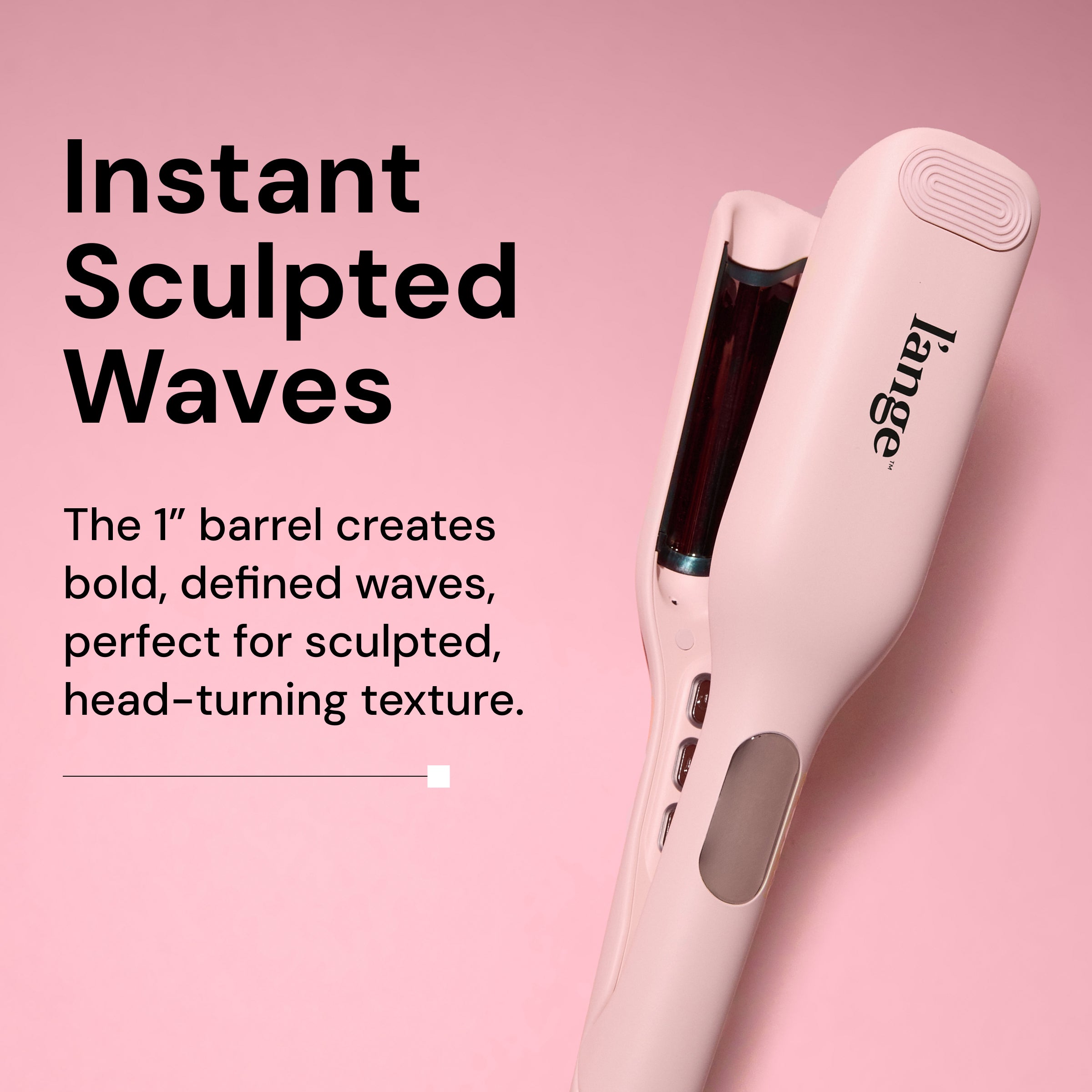 Informational image for SculptWaver. Text reads: "Instant Sculpted Waves. The 1” barrel creates bold, defined waves, perfect for sculpted, head-turning texture"