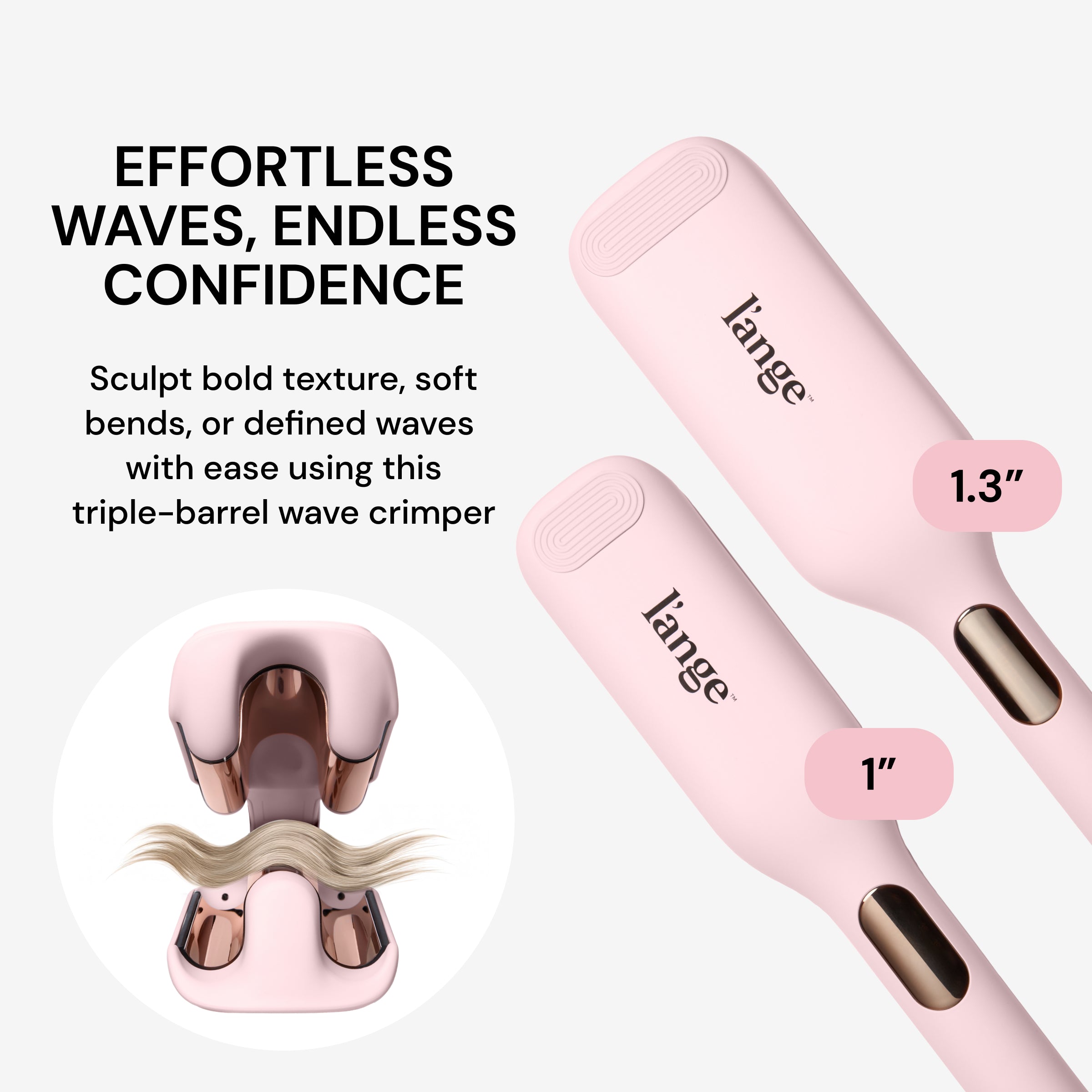 Informational  of the SculptWaver  with text that reads: "Effortless waves, endless confidence. Sculpt bold texture, soft bends, or defined waves with ease using this triple-barrel wave crimper"