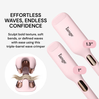 Informational  of the SculptWaver  with text that reads: "Effortless waves, endless confidence. Sculpt bold texture, soft bends, or defined waves with ease using this triple-barrel wave crimper"