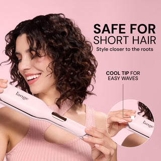 Text reads: “Safe for Short Hair. Style closer to the roots. Cool tip for easy waves.”