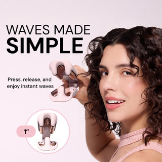 Model creating waves with L’ange waver. Text reads: “Waves Made Simple. Press, release, and enjoy instant waves.”