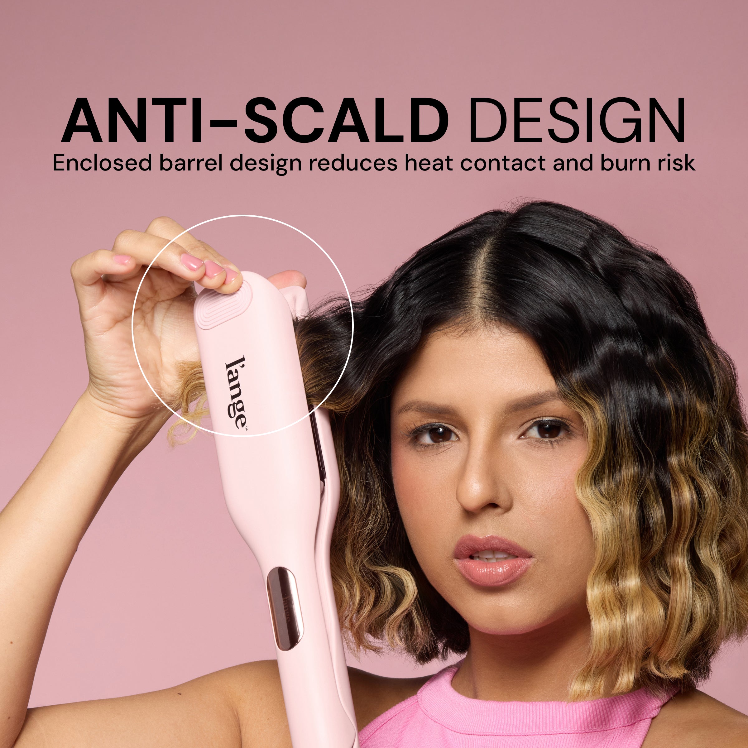 Model styling hair with L’ange waver . Text reads: “Anti-Scald Design. Enclosed barrel design reduces heat contact and burn risk.”