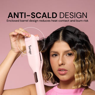Model styling hair with L’ange waver . Text reads: “Anti-Scald Design. Enclosed barrel design reduces heat contact and burn risk.”