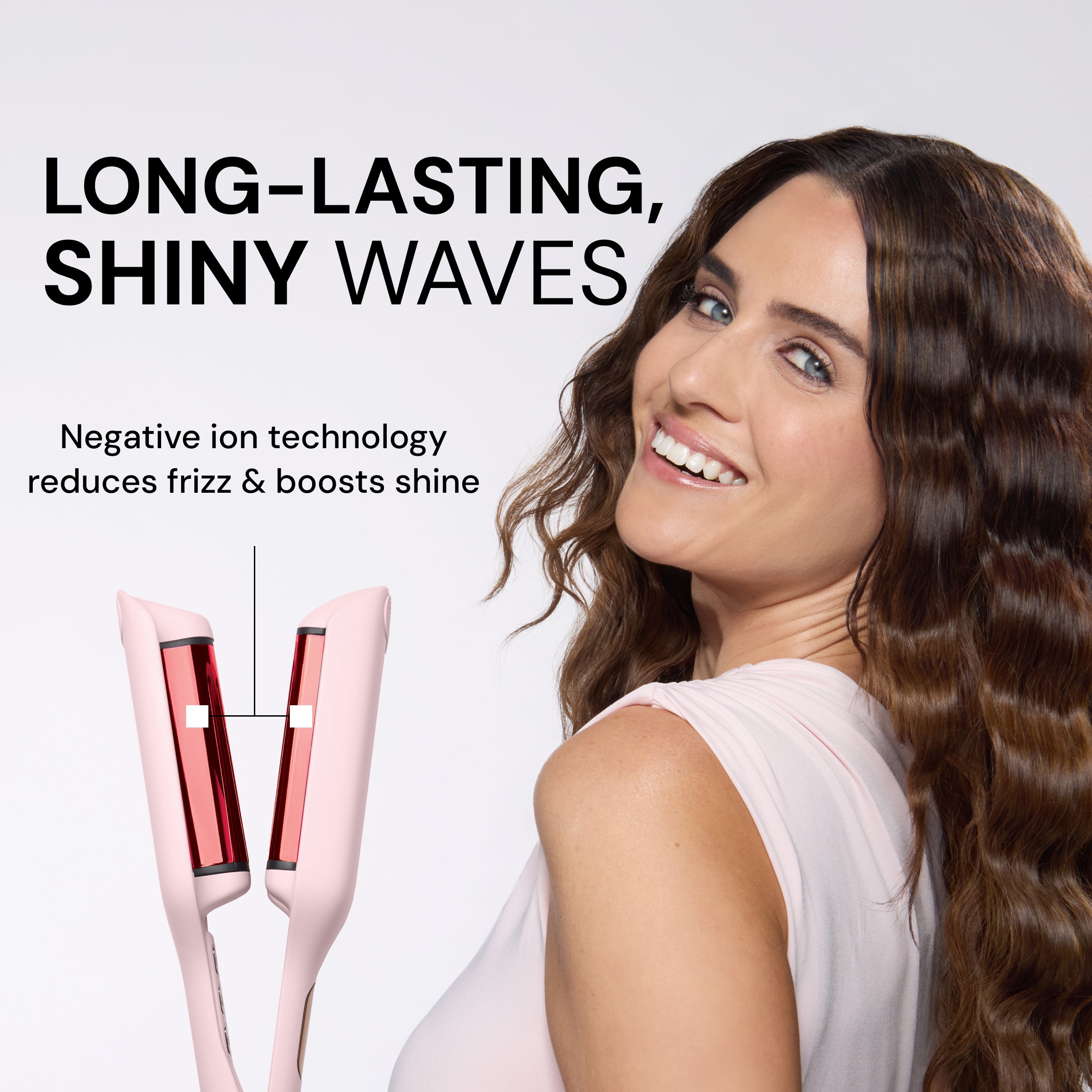 Model with wavy hair smiling beside pink L’ange waver. Text reads: “Long-Lasting, Shiny Waves. Negative ion technology reduces frizz & boosts shine.”