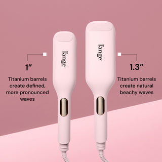 Two wavers  labeled “1-inch” and “1.3-inch.” Text reads: “1" Titanium barrels create defined, more pronounced waves” and “1.3"Titanium barrels create natural beachy waves.”