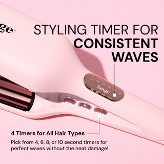 Close-up of pink L’ange waver showing timer controls. Text reads: “Styling Timer for Consistent Waves. 4 Timers for All Hair Types. Pick from 4, 6, 8, or 10 second timers for perfect waves without the heat damage!”