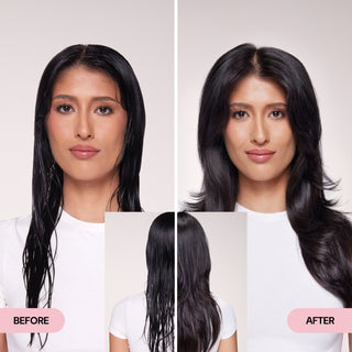 Side-by-side 'Before' and 'After' images of a woman with long, dark hair. The left image shows her hair wet, flat, and unstyled. The right image displays a voluminous, blowout-style finish with soft body and movement. A center inset shows the back view transformation.