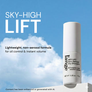A bottle of L'ange Sky Lift Dry Shampoo stands on a white platform against a blue sky with soft white clouds. Text  reads "SKY-HIGH LIFT. Lightweight, non-aerosol formula for oil control & instant volume"

Disclaimer follows "Content has been enhanced or generated with AI"