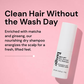 Informational image. Text reads "Clean Hair Without the Wash Day" "Enriched with matcha and ginseng, our nourishing dry shampoo energizes the scalp for a fresh, lifted feel"