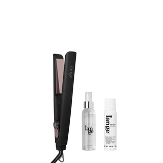 The Sleek Era Value Set, featuring a black Le Titane 1in Flat Iron, Thermal Magique Heat & Humidity Thermal Protectant andTop Coat Shine Spray, on a blank background
