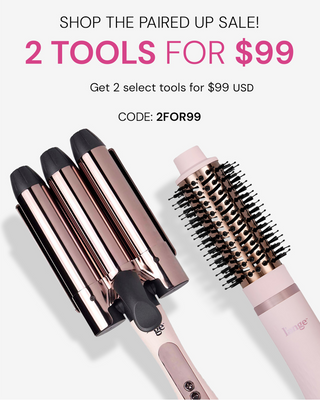 Promotional image featuring a curling iron and a round brush hair styling tool with an offer of two tools for $99, using code 2FOR99.