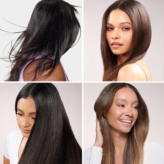 Collage of four women with smooth, straight hair, each showcasing different hair textures and tones.