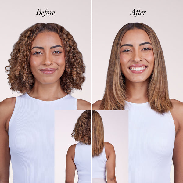 Model showing her before and after using Smooth-It to get a sleek, straight look.