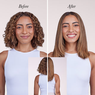 Model showing her before and after using Smooth-It to get a sleek, straight look.