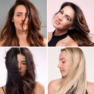 Collage of four women with different hair colors and textures, each showcasing smooth, styled hair.