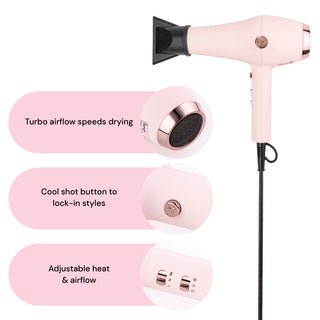 The blush-colored Soleil hair dryer sits next to closeups explaining its turbo drying, cool-shot, & adjustable settings.