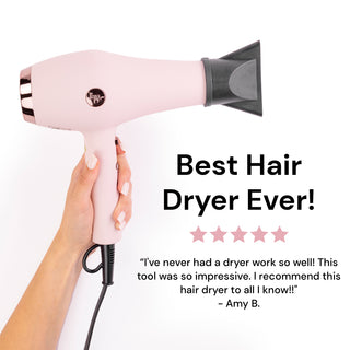 A hand holds Soleil Professional Hair Dryer in the air above a 5-star review quote stating it’s the best hair dryer ever.