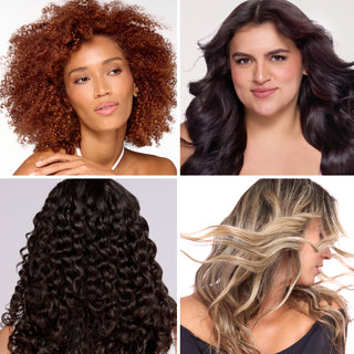Collage of four women showcasing a variety of curly and wavy hairstyles.