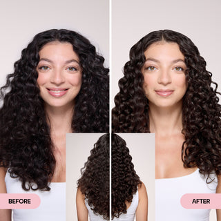 A side-by-side comparison of a woman with naturally curly hair. In the 'Before' image, her curls appear soft and undefined. In the 'After' image, her curls are more structured, shiny, and well-defined. An inset image at the center shows the back view, emphasizing the transformation in texture and shape